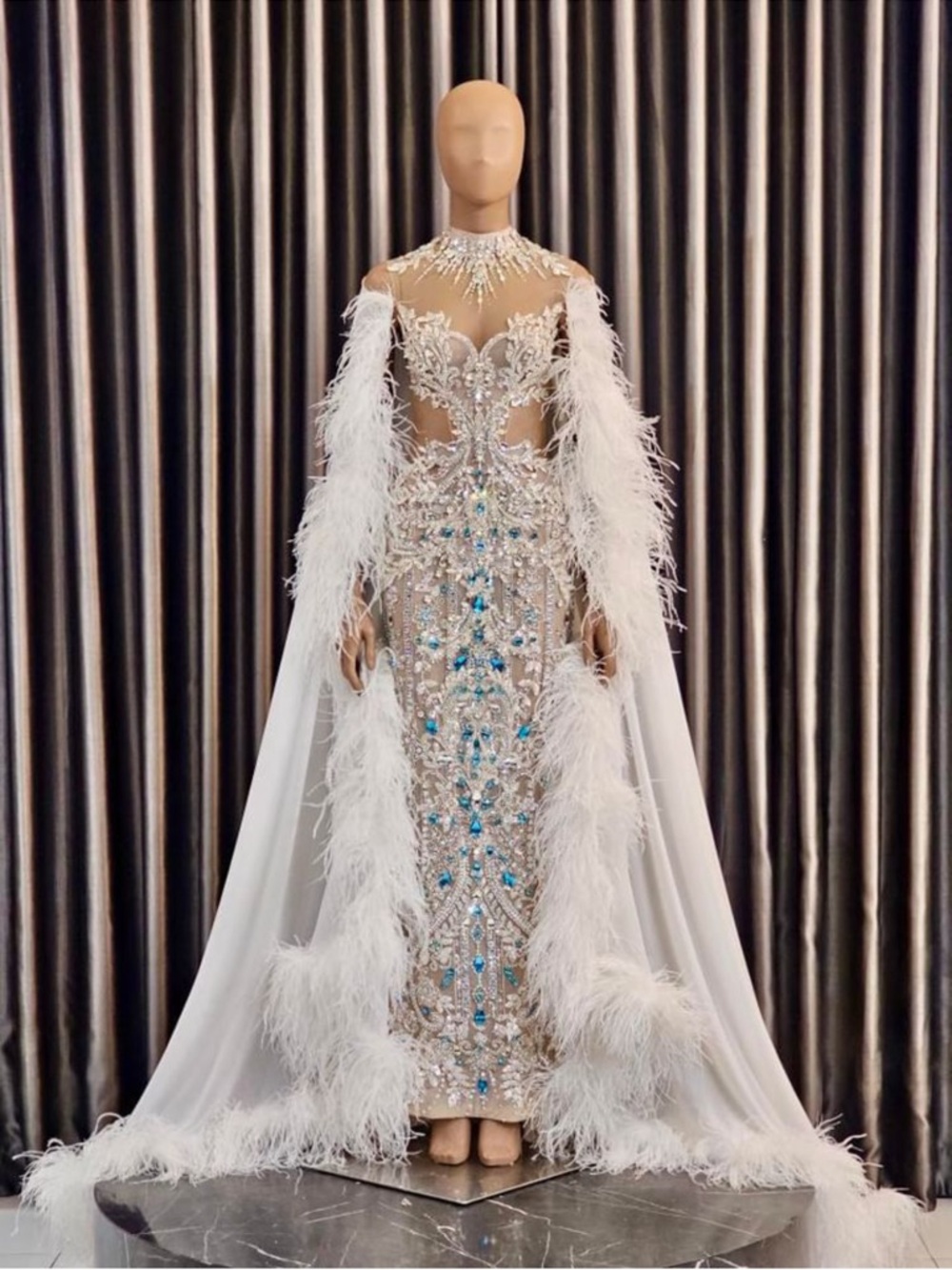 White Embellished Feather-Trim Maxi Gown with Detail Gl_Garlate Design Bangkok